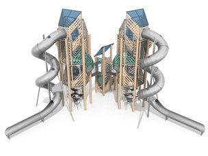 Două turnuri mari conectate cu unul mic din lemn de salcâm, echipate cu tobogane și joc educativ - BGL-8354