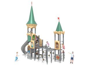 Castel cu două turnuri pentru loc de joacă cu tobogan și structură de frânghii - BGL-8610